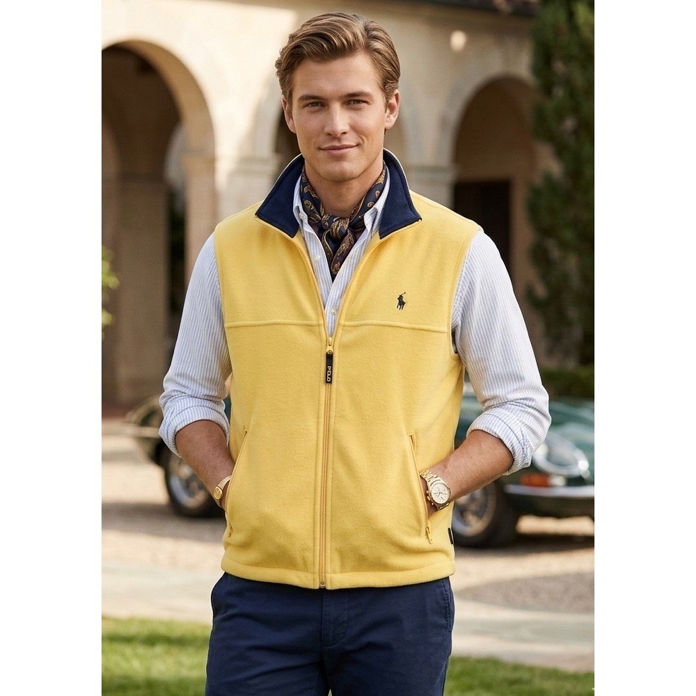 🔥Vtg 90s POLO GOLF 🤑Ralph Lauren Fleece Vest Yellow Navy Made in USA Small